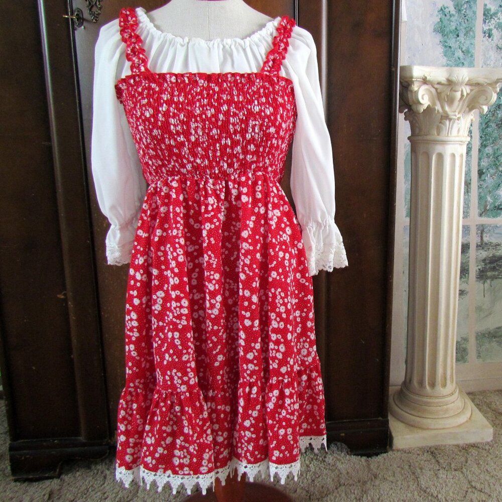 RED & WHITE JUMPER & ROMANTIC POET BLOUSE, JRs SMALL w LACE HEM, SHIRRED BODICE